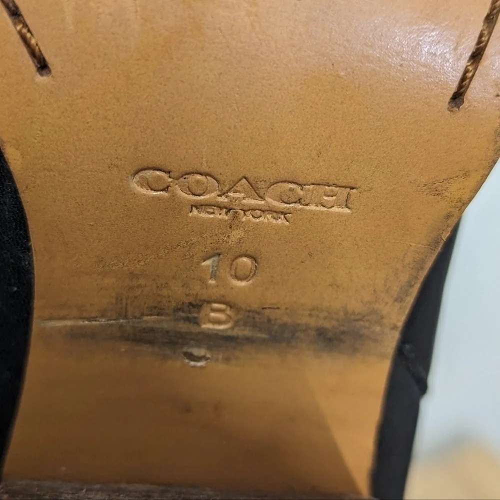 Coach Black Leather Ankle Boots Wood Block Heel 10 Zipper Faux Buckle Logo
